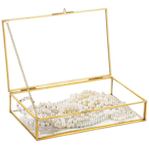 Golden Clear Glass Jewelry Box, Vintage Glass Keepsake Container, Rectangle Clear Jewelry Display Box, Photos Cards Shadow Lidded Box, 8.7" x 5.3" x 1.8" Large Clear Trinket Organizer