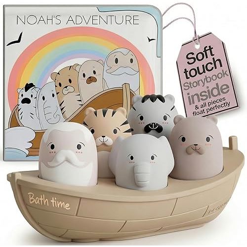 Noah's Ark Silicone Floating Bath Toy Set for Toddlers 18M+ Includes 7 Pieces Boat Animals and Waterproof Bible Storybook Educational Sensory Learning Nordic Color Design Montessori Faith Play