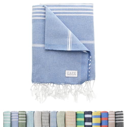 Large Turkish Beach Towel, Classic Denim Blue - Super Soft & Lightweight Quick Dry Absorbent Towels for Beach, Picnic Blanket or Bath Towel - Sand Free Organic Turkish Cotton Yarn