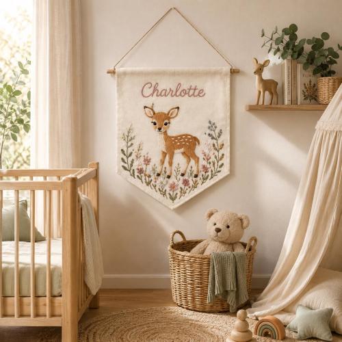Personalized Deer Nursery Banner, Embroidered Baby Name Sign, Custom Fawn Wall Hanging, Baby Shower Gift, Nursery Wall Art