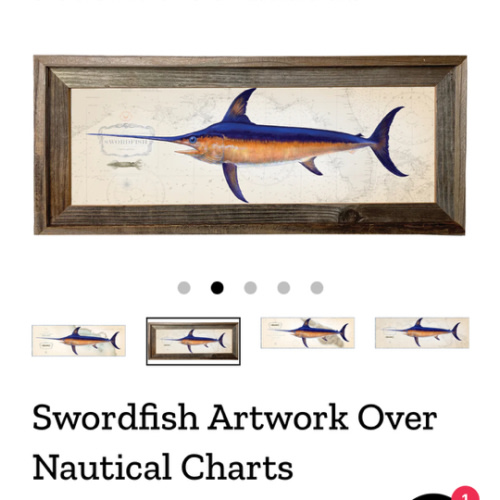 Swordfish Art “Swordfish Over Vintage Nautical Charts” drawing