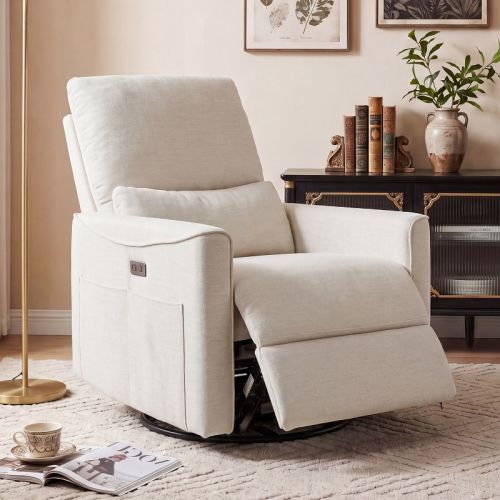 Dyonery Power Swivel Rocker Recliner, Fabric Glider Nursery Chair with USB Ports, Ivory White