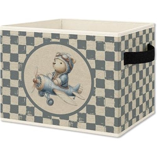 Vintage Blue Checkered Pilot Teddy Bear Foldable Storage Box
