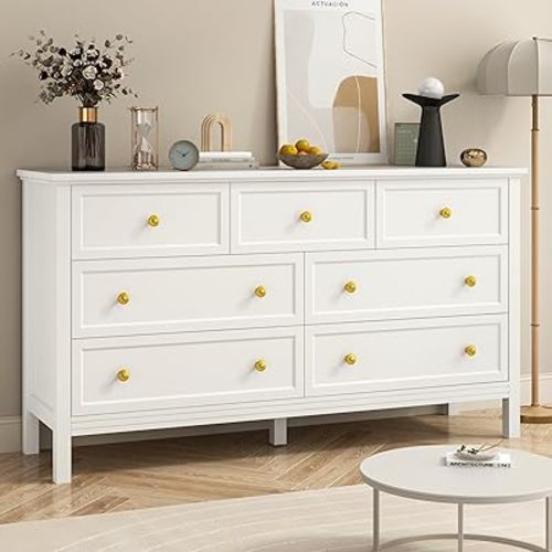 White 7 Drawers Dresser for Bedroom, 55'' Large Wood Dresser with Gold Handles, Modern Wide Chest of Storage Drawers for Hallway, Living Room
