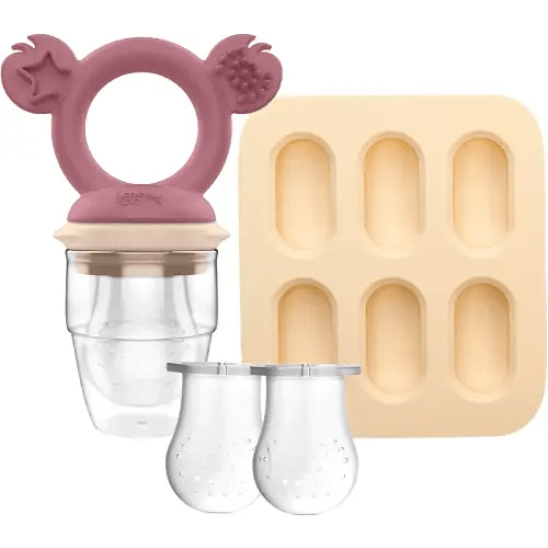 Cherub Baby Silicone Fresh Food Feeder & Teether Combo for Safe Infant Self-Feeding & Soothing Teething Relief - 1 Fresh Food Feeder (Sand) + 1pc Silicone Tray + 2 Backup pcs of net