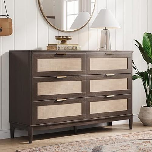 LINSY HOME Rattan Dresser with 6 Deep Drawers, 47" Wide Long Chest of Drawers, Mid Century Modern Tall Dresser, Large Wood Boho Storage Cabinet for Bedroom with Metal Handle and Durable Legs, Walnut