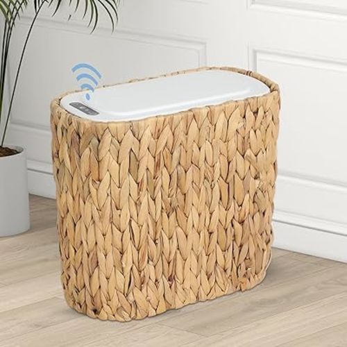 Boho Kitchen Trash Can with Lid,3.5 Gallon Automatic Small Rattan Trash Can,Slim Wicker Motion Sensor Garbage Can and Hamper 2 in 1 for Bathroom,Narrow Waste Basket for Office, Living Room