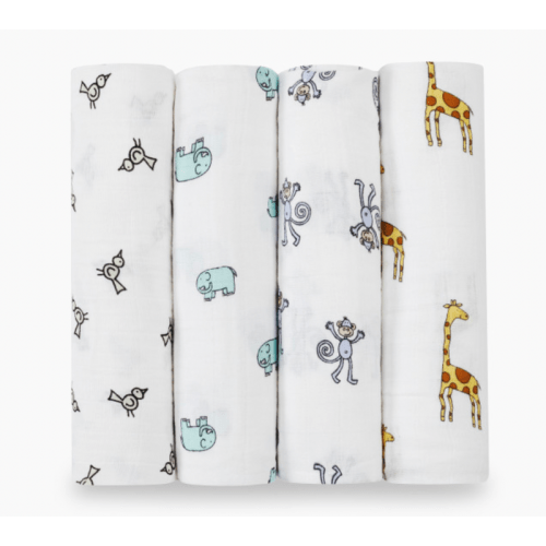 Aden + Anais Cotton Muslin Swaddle, 4 Pack, Jungle Jam, Classic Muslin, 47" x 47"