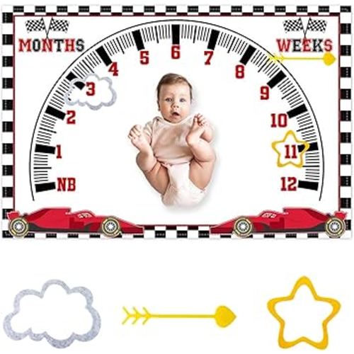 CSFOTO Racing Car Baby Monthly Milestone Blanket Newborn Growth Record Prop Milestone Blanket for Baby Boy Photography Props for Newborn Baby Shower 60"x40" with Frames