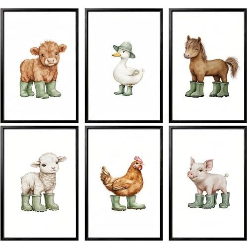 6Pcs Baby Animals Nursery Wall Art, Funny Farm Animal Picture Wall Decor, Cute Cow Duck and Horse Posters, Cottagecore Farmhouse Nursery Painting Print Artwork for Kids Room Baby Room, Unframed