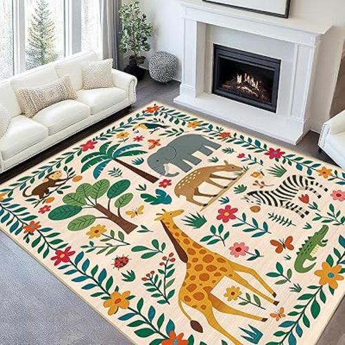 Large Area Rug 5x7 Jungle Animal Rug Living Room Modern Forest Wild Zoo Animal Rugs Machine Washable Boho Rug Non Slip Print Low Pile Indoor Floor Carpet for Nursery Playroom Baby Daycare