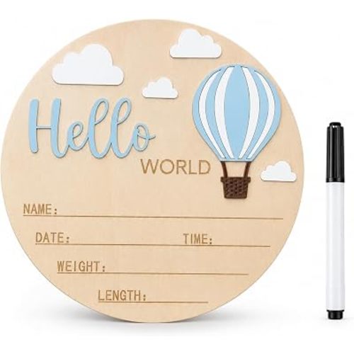 Baby Announcement Sign with Pen, Hello World Hot Air Balloon Newborn Sign