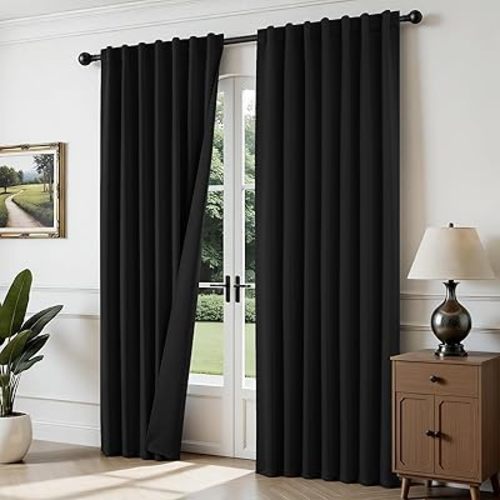 Joydeco Blackout Curtains for Bedroom, Black out curtains 96 inch long 2 Panels, Long Black Drapes with Rod Pocket Back Tab, Room Darkening Noise Reducing & Wrinkle-Free Drapes for Living Room Windows