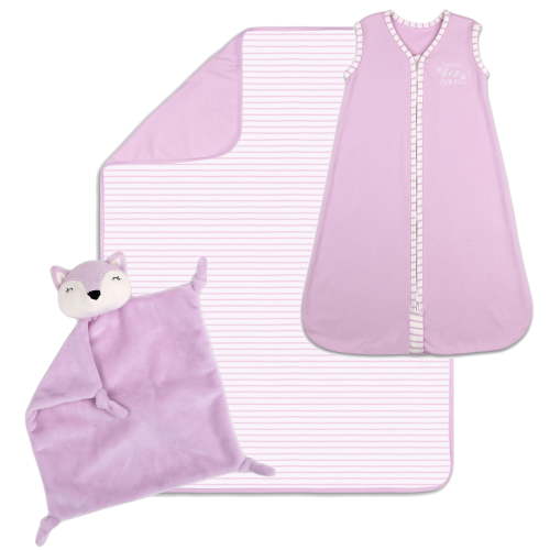 The Peanut Shell Baby Girl Sleep Time 3-Piece Gift Set - 100% Lightweight Cotton Purple Sleep Bag, Blanket, and Fox Security Blanket