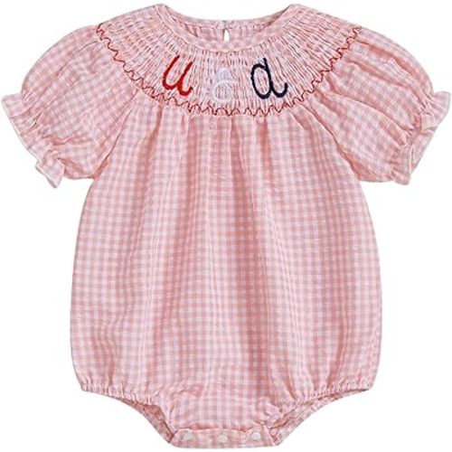 FIOMVA Toddler Baby Girl Clothes Summer Smocked Bubble Romper Embroidery Onesie Short Sleeve Bodysuit Cute Outfits