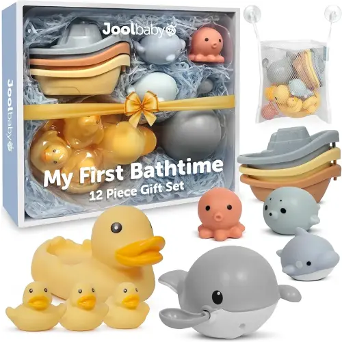 Jool Baby 12-Piece Bath Toy Gift Set – Bath Squirts, Rubber Ducks, Wind-up Swimming Whale – Bath Toy Storage Organizer Included