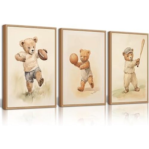Lhoiplme Nursery Teddy Bear Wall Art Baby Boy Room Canvas Wall Decor Vintage Sports Nursery Pictures Boy Nursery Prints Kids Animal Bear Poster for Playroom Bedroom 8x10 Inch Unframed Set of 3