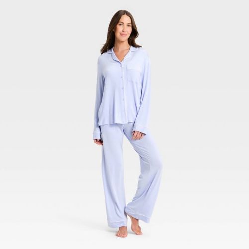 Women's Cloud Knit Long Sleeve Notch Collar Top and Pants Pajama Set - Auden™ Light Blue XL
