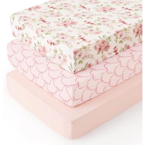 PHF 3 Pack Soft Floral & Bow Crib Sheets Fitted, Comfy Breathable Baby Sheets for Boys Girls, 28x52 Inches Fits Standard Crib and Toddler Mattresses, Floral & Bow