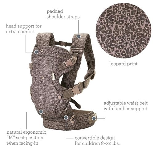 Infantino Flip 4-in-1 Convertible Baby Carrier, Adjustable, Ergonomic Babywearing, Registry Essential, Baby Carrier for Newborn to Toddler, Leopard