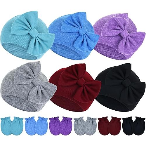 Cinaci 6 Sets Bow Turban Hats Nursery Caps Bonnets with No Scratch Mittens Gloves for 0-6M Baby Girls Newborns Infants