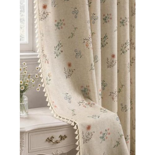 Boho Floral 100% Blackout Curtains 84 Inch 2 Panels Linen Texture