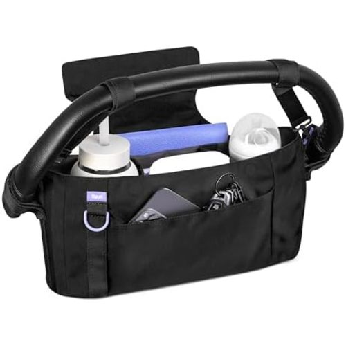 Ubbi Fleuri Anywhere Stroller Organizer, Features Front Zippered Pocket, 2 Cup Holders, Mesh Bag, Fits Most Strollers, Licorice