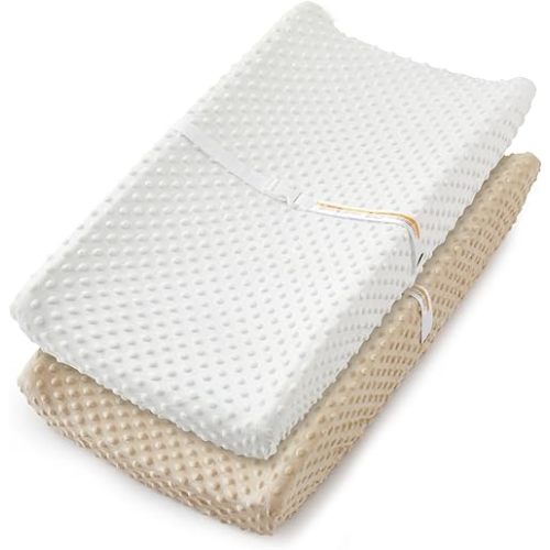 Homiest 2 Pack Changing Pad Cover, White + Beige Changing Table Sheets, Ultra Soft Fleece Minky Dot Fabric, Breathable Comfortable Diaper Pad Cover for Girls and Boys, Machine Washable