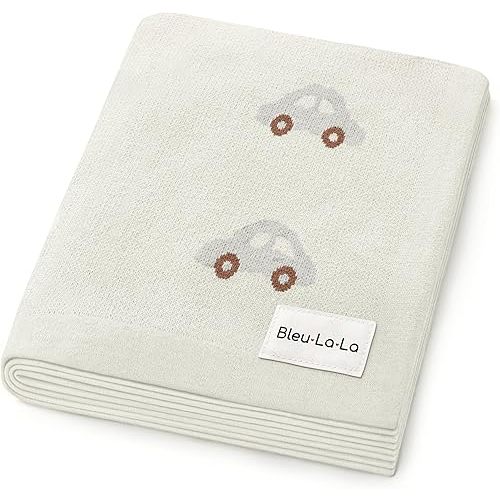 Knit Baby Blanket for Girls and Boys 100% Cotton Buttery Soft Cozy Receiving Swaddle Stroller Blanket for Shower Gift Registry for Newborns, Infants, Toddlers (Cars - Cream)