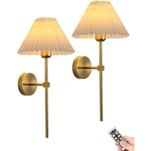 Battery Operated Wall Sconces Gold Set of Two with Remote,Rechargeable Wall Lights with Timer,Indoor Non Hardwired Wall Lamp Light Fixtures Brass with Fabric Shade for Bedroom Living Room Bathroom