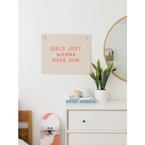 Girls Just Wanna Have Sun Wall Flag, Surf Wall Decor for Girl Nursery, Boho Beach Wall Hanging, Beach Nursery Sign, Surfer Girl Canvas Flag