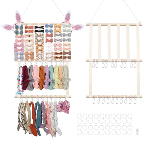 Headband Organizer Bow Holder for Girls Hair Bows Clips, Beige | 30x15 Inch Bow Organizer w/ 8 Ribbons & 20 Hooks, Wall Hanging Hair Accessories Organizer Storage, Baby Toddler Room Decor
