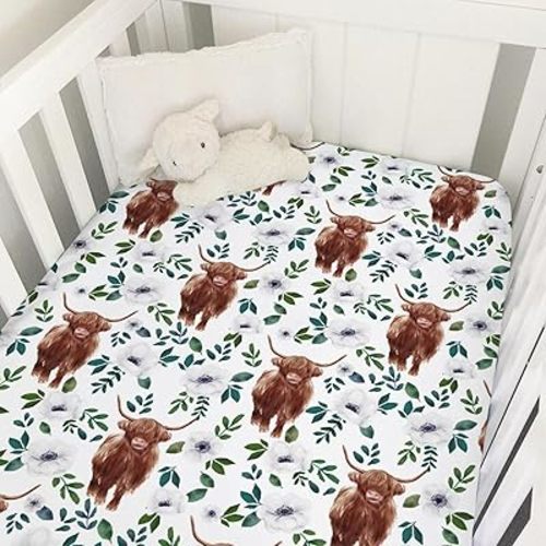 Highland Cow Boho Floral Baby Crib Sheets 52''x28'' Yak White Poppy Flowers Fitted Mattress Cover for Boy Girl Baby Toddler Bed Sheets for Standard Crib and Toddler Mattress