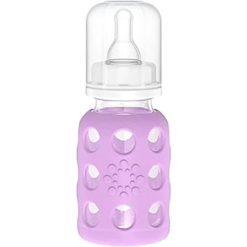 Lifefactory 4-Ounce BPA-Free Glass Baby Bottle with Protective Silicone Sleeve and Stage 1 Nipple, Lavender