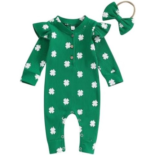 Lamuusaa Newborn Baby Girl St. Patricks Day Outfit Ruffle Ribbed Romper Shirts Four Leaf Clover Jumpsuit Headband