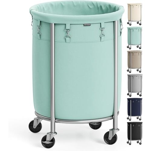 SONGMICS 29-Gallon (110 L) Laundry Basket with Wheels, Rolling Round Heavy-Duty Laundry Hamper Cart with Steel Frame and Removable Bag, 2 Locking Wheels, Mint Green and Metallic Silver URLS002C01