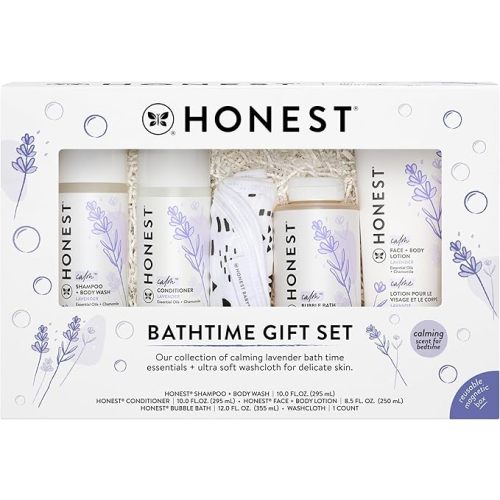 The Honest Company Calming Lavender Bathtime Gift Set Hypoallergenic Bath Essentials for Sensitive Baby Skin Shampoo and Body Wash Face Lotion Bubble Conditioner Cloth