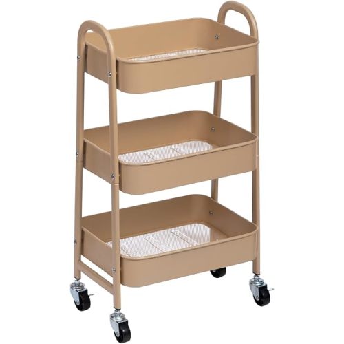 AGTEK Makeup Cart, Movable Rolling Organizer Cart, 3 Tier Metal Utility Cart with Lockable Wheels for Home & Office, Golden