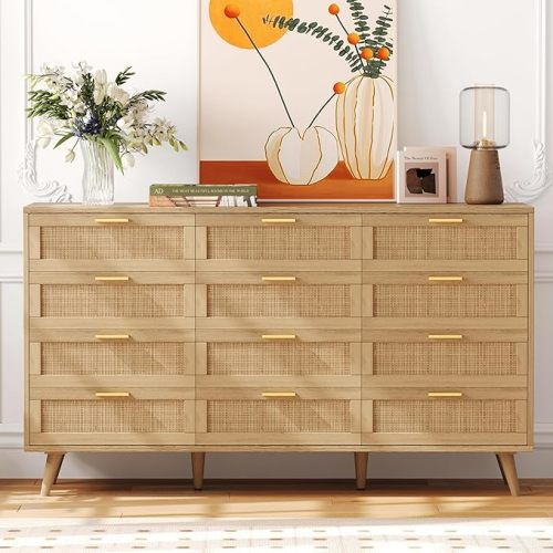 Rovaurx 12 Drawer Double Dresser for Bedroom, Rattan Chest of Dressers, Modern Wooden Dresser Chest with Golden Handles, Beside Table for Closet, Living Room and Entryway, Natural