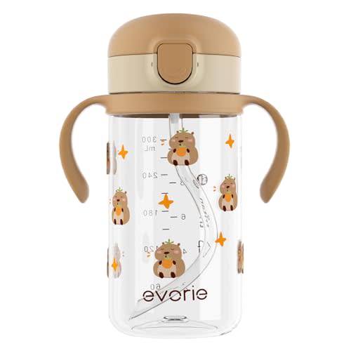 Evorie Tritan Spill Proof Toddler Straw Sippy Cup, 10 oz for Baby and Toddlers 1-3 Years Old, No Spill Straw Water Bottle with Removable Handles, Ideal for School, BPA-Free, Capybara (New)