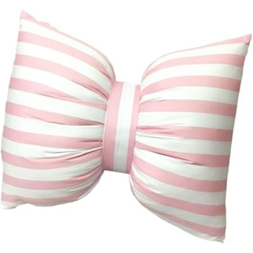 Handmade Stripe Bow Throw Pillow Cotton Bow Pillow Washable Car Neck Pillow Sofa Office Lumbar Pillow Cushion (Pink Stripes, M)
