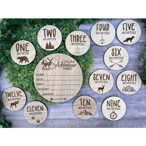Woodland outdoor rustic adventure hospital name and stats sign and monthly milestone markers, country personalized wood baby shower gift