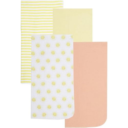 4 Pack of Soft Flannel Receiving Baby Blanket Set for Girls and Boys; Yellow and Peach Orange Baby Swaddle Blankets with Smiling Sun Designs for Newborn Baby Girl or Boy Nursery