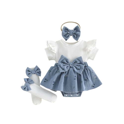 Loicainy Newborn Baby Girls Summer Romper Dress 3 6 9 12 Months Short Sleeve Skirt Jumpsuit + Long Socks + Headband Set Clothes