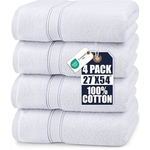 Utopia Towels 4 Pack Premium Bath Towels Set, 27 by 54 Inches, 100% Ring Spun Cotton 600GSM, Lightweight and Highly Absorbent Quick Drying Towels, Perfect for Daily Use, White