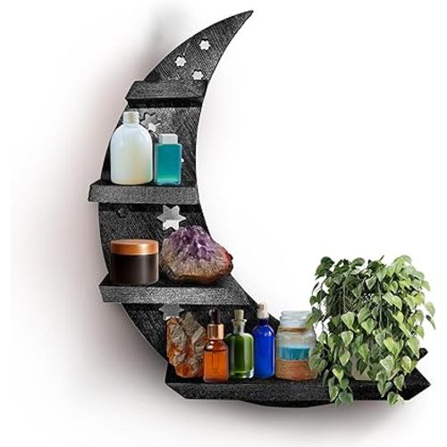 Moon Shaped Shelf Wall Decor - Hanging Black Crescent Wooden Shelf with Stars - Display Shelf for Crystals, Essential Oils, Small Decor, Tall Decor, Trinkets