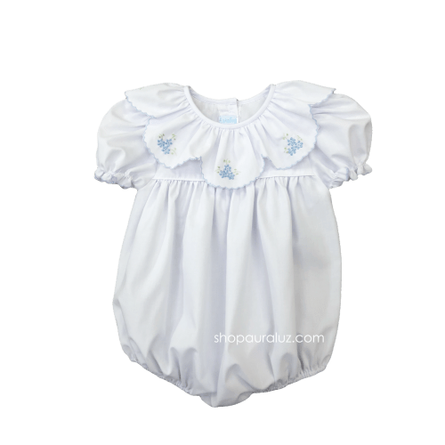 Auraluz Bubble...White with ruffle collar and blue embroidered flowers – AURALUZ