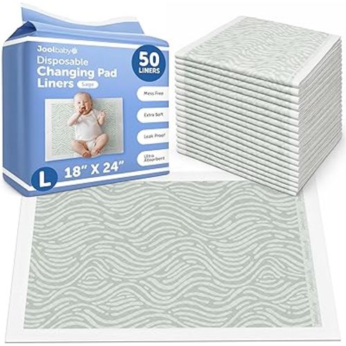 Jool Baby Disposable Changing Pad Liners for Baby (50 Count) Ultra-Absorbent Pee Pads to Protect Surfaces At Home or On the Go – Leakproof & Super Soft - Sage