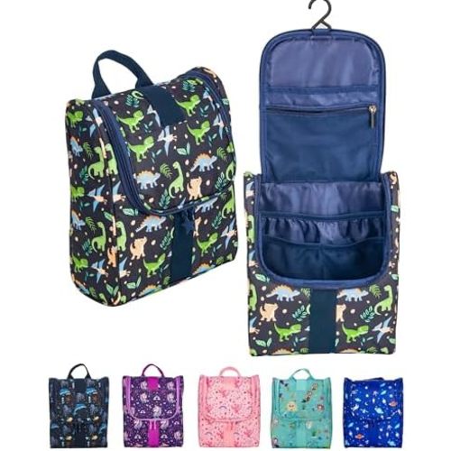 Cute Cartoon Hanging Kids Toiletry Bag Children Travel Cosmetic Makeup Organizer Wash Bag Shower bag Over Night Bag Camping Shaving Kit Bag for Boys & Girls (Dinosaurs)