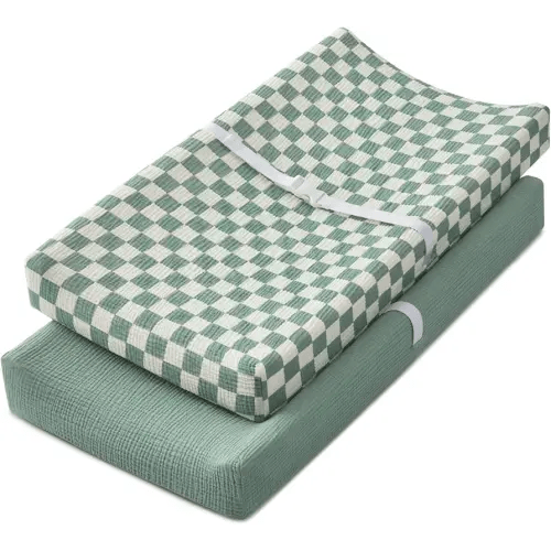 Blissful Diary Muslin Changing Pad Cover for Girls Boys, Ultra Soft Breathable Cotton, Baby Diaper Change Table Pad Covers, 2Pack (Checkered Green & Sage Green)